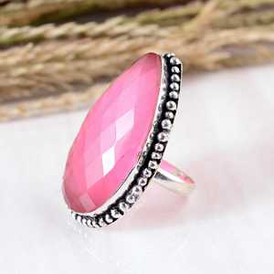 SHYAM JEWELRS Natural Pink Mona Lisa <b>Ring</b> 925 <b>Sterling</b> <b>Silver</b> Bezel <b>Set</b> Faceted Pear Shape Gemstone Handmade Beaded Border Boho - Product Image 3