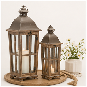 <b>Set</b> of 2 Wood and Metal Candle <b>Lanterns</b> Farmhouse Decorative <b>Lantern</b> for Wedding Centerpiece Antique Brown Wooden Candle Holder - Product Image 5