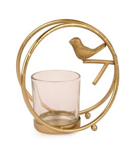 Gold Plated Metal Vase With Bird Design Circular <b>Frame</b> Modern Desktop Planter For Indoor Use - Product Image 3