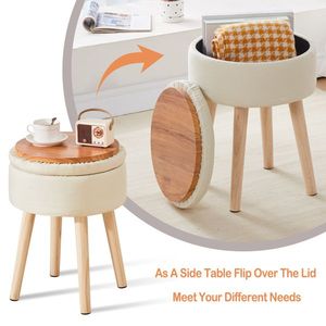 Poggiapiedi Imbottito Multifunzionale Moderno con Gambe in Legno, Sgabello da Toeletta in Lino con Vassoio e Vano Portaoggetti per Hotel, Materiale MDF - Product Image 2