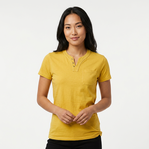 T-shirt pour homme jaune à col en V, coupe ajustée, manches courtes, couleur unie, décontracté, avec poche, en coton tricoté - Product Image 6