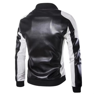 Men's PU Bomber <b>Jacket</b> Color Blocking Zipper Closure Casual <b>Slim</b> <b>Fit</b> Autumn Wear Turn-down Collar Windproof - Product Image 4