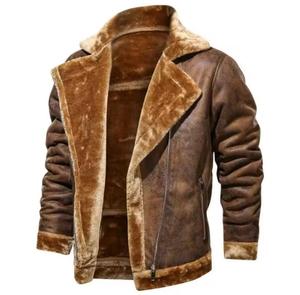 Veste moto d'hiver pour homme en cuir PU marron, col montant, fermeture éclair, doublure en fausse fourrure, coupe ajustée, séchage rapide, style streetwear - Product Image 2