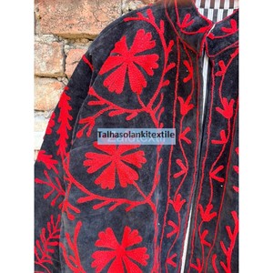 Red Floral Embroidered Velvet Jacket <b>Coat</b> Handmade Short Winter Casual Jacket With Inside Cotton Lining - Product Image 3
