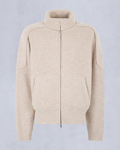 Customise OEM ODM Men's Beige Knitted Wool Bomber Jacket Stand Collar Zipper Closure Regular Fit Loose Style Autumn Wear - Product Image 1