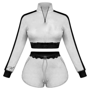 Women Booty Short Set GSM Ribbed Polyester Spandex Grey Pink Black Panel Crop <b>Top</b> <b>Rhinestone</b> Heat Transfer Logo Women Booty Set - Product Image 5