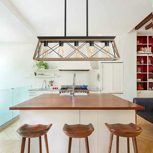 32" Modern Walnut <b>Industrial</b> 5-Light Pendant <b>Chandelier</b> Adjustable Metal Cage Design Dining Room Living Room Hanging Light Model - Product Image 3