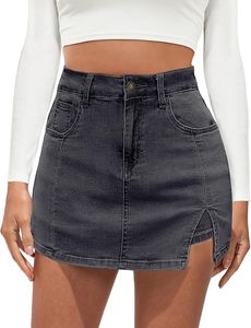 Mini-jupe en jean taille haute avec poches, fente, couleur unie délavée, coupe décontractée pour femme, style automne été printemps - Product Image 1