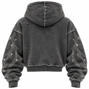 Sudadera con capucha corta unisex negra lavada y desgastada con pedrería, estilo urbano, rasgada, 100% algodón, para invierno - Product Image 4