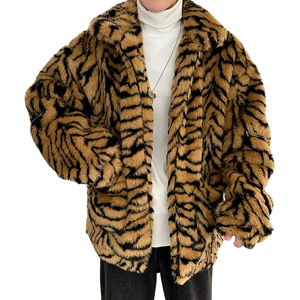 Manteau de luxe en fausse fourrure à rayures tigrées pour homme, veste extravagante en peau de mouton surdimensionnée, streetwear d'hiver de qualité supérieure - Product Image 1