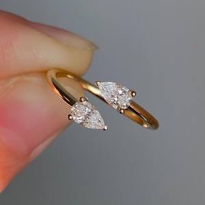 Bague ouverte réglable en or 18K/14K/10K et argent 925, double poire en moissanite, style Toi et Moi, deux pierres en forme de goutte d'eau, pour fiançailles - Product Image 1