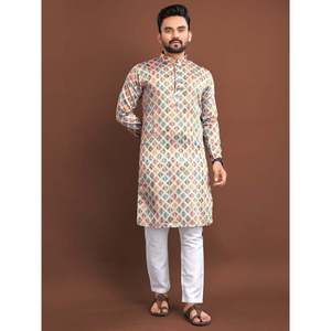 FANTAISIE JACQUARD SOIE IMPRESSION NUMÉRIQUE TRAVAIL KURTA AVEC PAYJAMA MULTI - Product Image 1