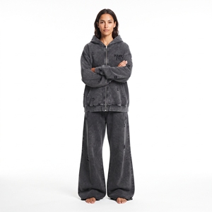 Women’s Trendy Acid Wash Distressed Full Zip Hoodie Relaxed Fit <b>Wide</b> <b>Leg</b> Flared <b>Jogger</b> Custom Logo Streetwear Two Piece - Product Image 4