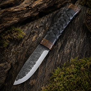 Couteau à lame fixe en acier carbone martelé artisanal avec manche en cuir tressé, couteau de chasse et de camping en plein air - Product Image 5