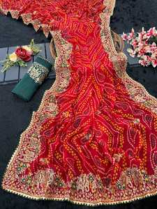Soft Georgette Bandhani Print Saree Embroidery Work Banglori <b>Satin</b> <b>Blouse</b> Women Quick Dry Modern Festive Wedding Sarees - Product Image 4
