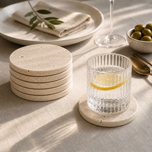 Juego de Posavasos de Piedra Travertino Natural – Posavasos Redondos de Piedra Beige para Decoración de Bar en Casa - Product Image 2
