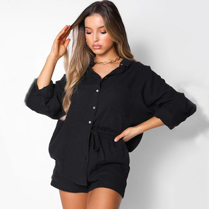 Women's 2 Piece Black Oxford Shirt Shorts <b>Set</b> Long Sleeve Turn Down Collar Loose Fit Casual Spring Summer Solid Color - Product Image 1