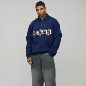 OEM Custom 100% Cotton 3d Embossed 1/4 Quarter Half Zip <b>Pullover</b> <b>Jumper</b> Fleece Vintage Oversized Mock Neck Sweatshirt Men - Product Image 1