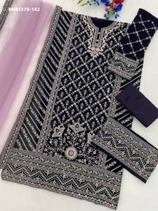 Ensemble Salwar-Suit semi-cousu en soie Georgette à motifs floraux prononcés, orné de broderies multi-fils, Zari, Dori et cordons, à prix de gros - Product Image 4