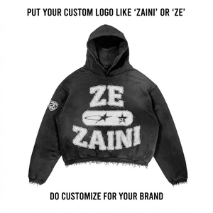 Sudadera con Capucha Oversize Negra de Felpa de Algodón de 400 GSM, con Logotipo Bordado en Chenille Personalizado y Dobladillo Desgastado, Premium - Product Image 2