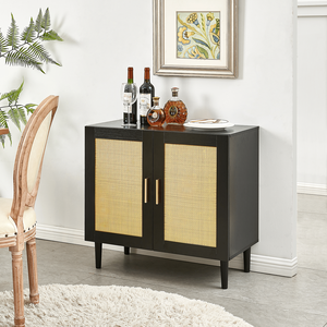 Credenza con Ripiani Regolabili e Pannello Laterale, Mobile in Rattan Naturale con Ante, Armadietti in Rattan per Soggiorno - Product Image 4