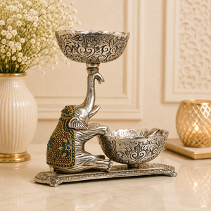 Porte-bougie décoratif en métal plaqué argent fait main, en forme d'éléphant, avec double bol, centre de table Urli, pièce maîtresse, figurine - Product Image 5