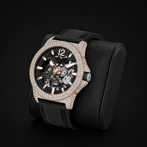Rose Gold Diamond Skeleton Watch Black Rubber Strap Luxury <b>Automatic</b> Mechanical Timepiece Premium Iced Out <b>Wristwatch</b> Collection - Product Image 1