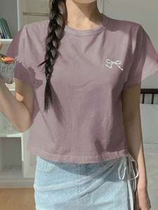Camiseta Corta para Mujer OEM, Color Rosa Polvoriento, Corte Ajustado, Blusa Lisa de Color Sólido, Transpirable, Manga Media, Estilo Estético - Product Image 3