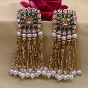 Gold Plated SFEar37 <b>Fine</b> <b>Dangle</b> <b>Earrings</b> with Green Ad Stone Elegant Jewelry Dangler - Product Image 1