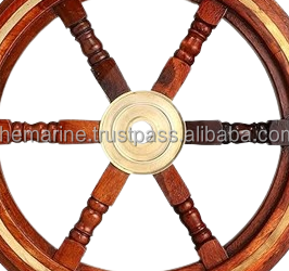 Décoration murale en laiton massif et bois de 18 pouces fabriquée à la main Roue de bateau à finition polie brillante avec design de sculpture Style nautique - Product Image 4