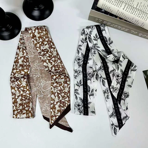 2026 New Arrival Women Vintage Floral Print Skinny Satin Scarf Summer Hair Band Strip Silk Ribbon Neck Scarves Bag Handle Ribbon - Product Image 2