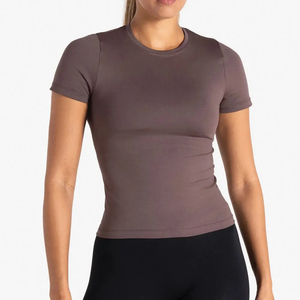 Camiseta de Manga Corta para Mujer, Color Sólido, Corte Regular, Tejido Transpirable, Ecológica, Informal, para Gimnasio, con Botón, ODM OEM - Product Image 1