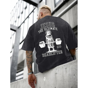T-shirt surdimensionné pour homme Jesus The Ultimate Deadlifter, noir, manches courtes, style streetwear, imprimé graphique, col rond, jersey en coton - Product Image 2
