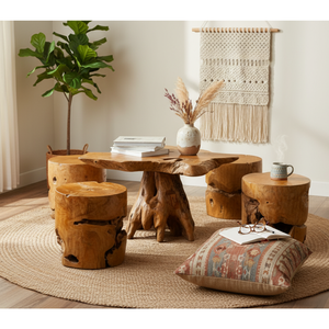 Tabourets en bois naturel ARTERRA de luxe, meubles artisanaux pour salon, hôtels, villas, cafés, table en racine de teck rustique haut de gamme - Product Image 4