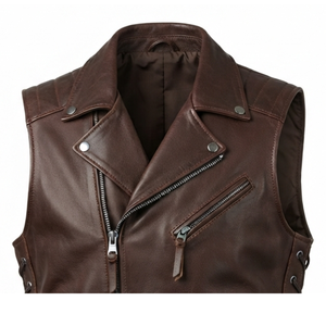 Gilet de motard en cuir véritable pour homme avec fermeture éclair et lacets latéraux pour l'hiver - Product Image 4