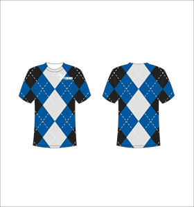 Camiseta Sublimada Personalizada con Estampado Completo, Patrón Argyle Azul, Blanco y Negro, Unisex, Cuello Redondo, Transpirable, de Poliéster, Tela Resistente - Product Image 1