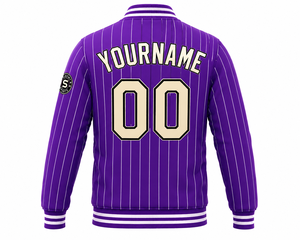 SINEWY SPORTS <b>Purple</b> Pinstripe Front Team Patch <b>Varsity</b> <b>Jacket</b> Men's Custom Name Number Baseball Style Autumn Wear 100% Cotton - Product Image 3