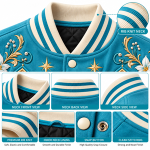 Chaqueta Varsity Bordada Color Verde Azulado para Hombre, Chaqueta de Béisbol con Botones a Presión y Diseño Floral de Vitral - Product Image 5