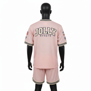Ensemble short et maillot en jersey de polyester respirant pour homme, toucher doux, panneaux côtelés roses sur le col et les poignets, logo imprimé personnalisé. - Product Image 2