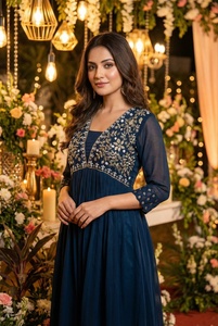 Traje Anarkali Azul Marino Bordado para Mujer, Corte Holgado, Elegante, Estilo Indio-Pakistaní, para Todas las Temporadas - Product Image 3