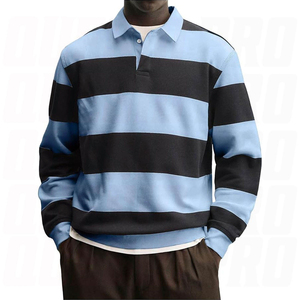 Chemise décontractée pour homme en coton tricoté 100% à manches longues, coupe droite, col rabattu, anti-plis, style hip-hop, bleu et noir - Product Image 3