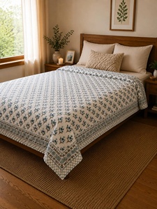Handmade Indian Cotton <b>Quilt</b> Hand Block Print Jaipuri Razai King Size Reversible Lightweight Artisan <b>Bedspread</b> - Product Image 1