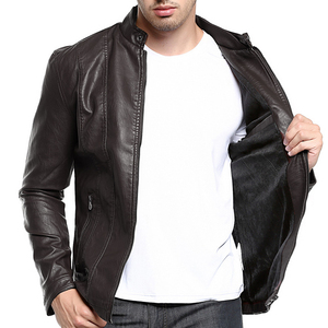 <b>Men's</b> Black PU <b>Leather</b> Windproof Moto <b>Jacket</b> Stand Collar Zipper Closure Slim Fit Regular Sleeve Solid Color 100% Polyester - Product Image 6