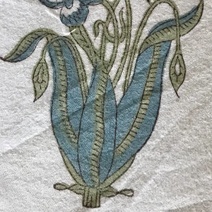 Tela de algodón estampada a mano – Motivo de jarrón floral |   Azul Turquesa y Verde Oliva sobre Base Blanca - Product Image 3