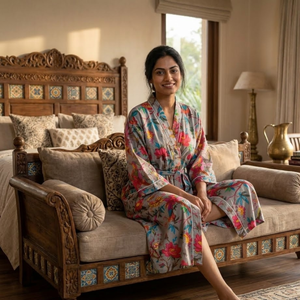 Kimono Floral Gris de Algodón Hecho a Mano |   Bata de casa de manga larga con cuello en V para mujer |   Bata de longitud completa y corte holgado, obra maestra de alta costura - Product Image 5