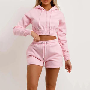 Nouveauté été, vêtements pour femmes, ensemble assorti rose en deux pièces, sweat à capuche court avec fermeture éclair et short - Product Image 6