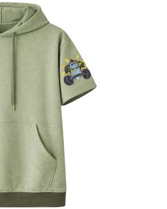 Sweat à capuche vert olive à manches courtes pour homme, pull décontracté, t-shirt à capuche, imprimé graphique, streetwear, mélange de coton, poche kangourou - Product Image 2