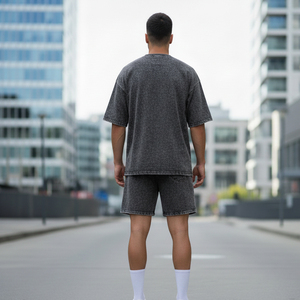 Ensemble T-shirt et short oversize délavé pour homme, col rond, coton, style décontracté d'été, imprimé logo, streetwear - Product Image 3