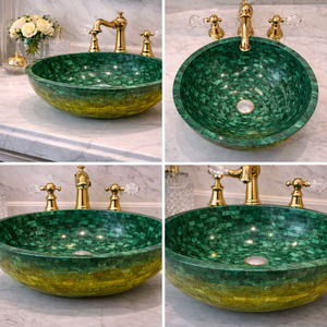 Lavabo Redondo de Malaquita Verde Premium para Baño, Lavabo de Mosaico para Decoración Moderna y Lujosa - Product Image 5