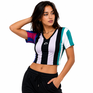 เสื้อยืดคอวีลายแถบสีสำหรับผู้หญิงเสื้อสตรีทแวร์ทรงสลิมฟิตเสื้อแฟชั่นบล็อกสี - Product Image 6